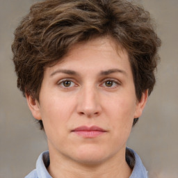 Neutral white young-adult female with short  brown hair and brown eyes