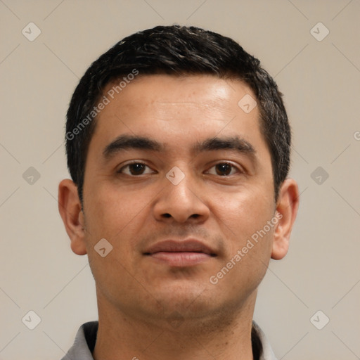 Neutral latino young-adult male with short  black hair and brown eyes