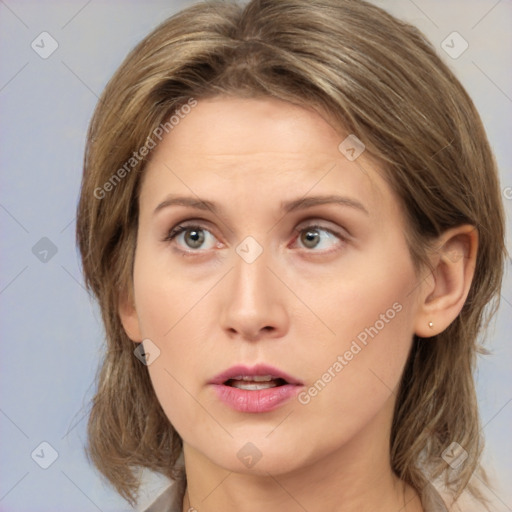 Neutral white young-adult female with medium  brown hair and grey eyes