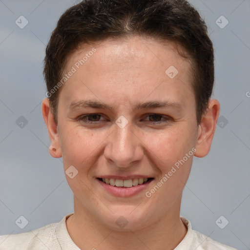 Joyful white young-adult female with short  brown hair and brown eyes