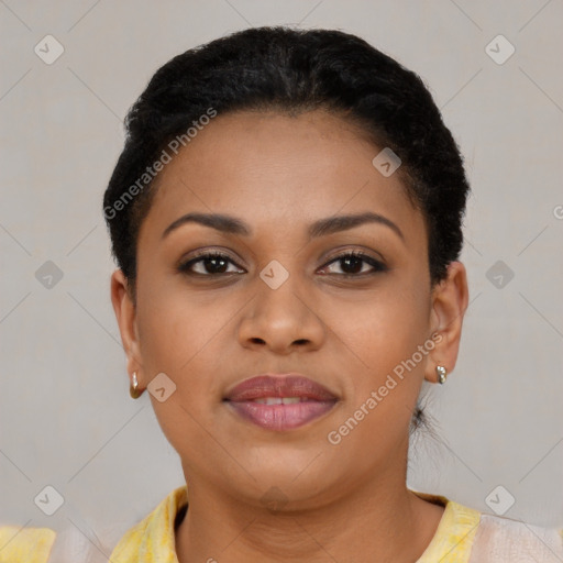 Joyful latino young-adult female with short  brown hair and brown eyes