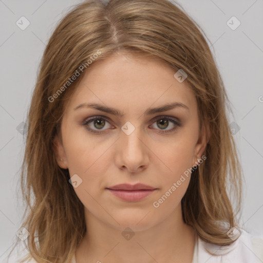 Neutral white young-adult female with medium  brown hair and brown eyes