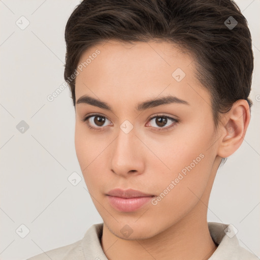 Neutral white young-adult female with short  brown hair and brown eyes