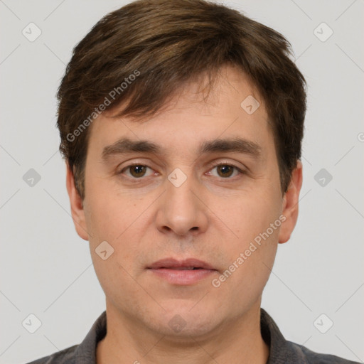 Neutral white young-adult male with short  brown hair and brown eyes