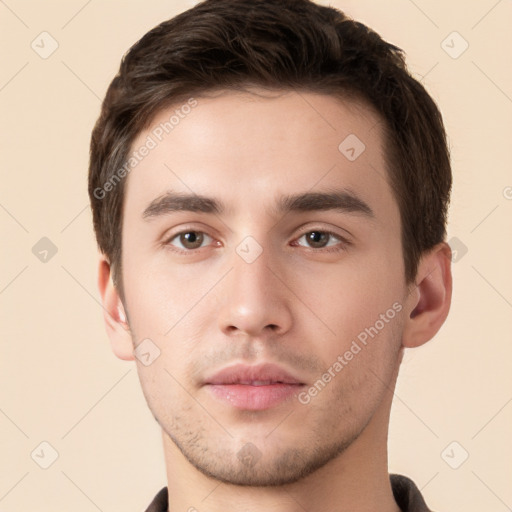 Neutral white young-adult male with short  brown hair and brown eyes