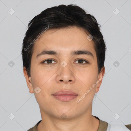 Neutral asian young-adult male with short  black hair and brown eyes