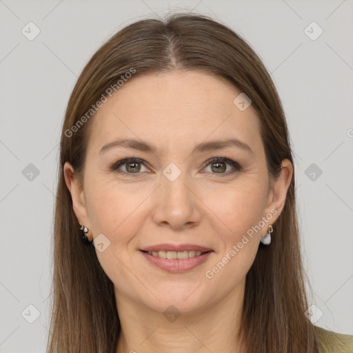 Joyful white young-adult female with long  brown hair and grey eyes