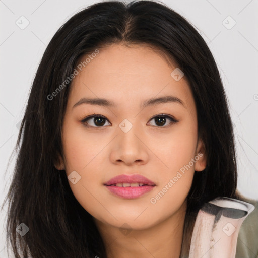 Joyful asian young-adult female with long  brown hair and brown eyes