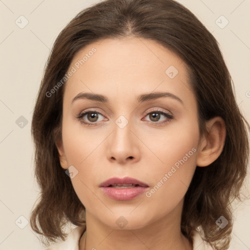 Neutral white young-adult female with medium  brown hair and brown eyes