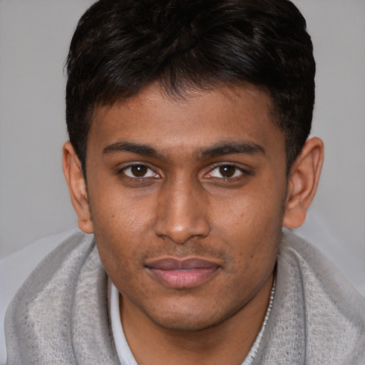 Joyful latino young-adult male with short  brown hair and brown eyes