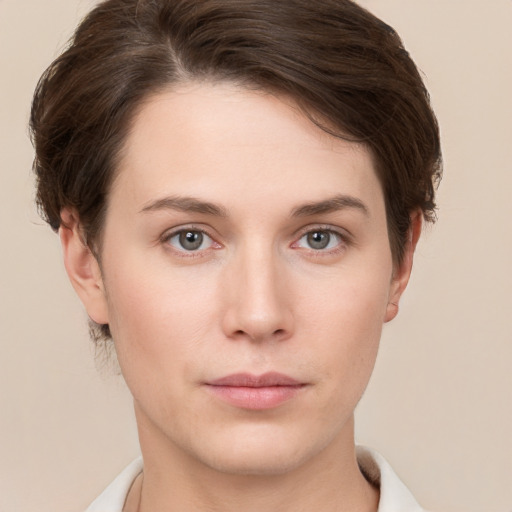 Neutral white young-adult female with short  brown hair and brown eyes