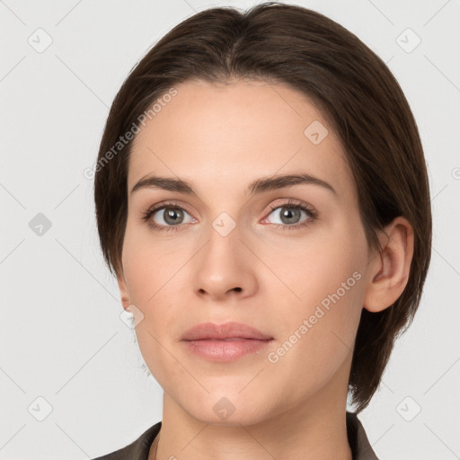 Neutral white young-adult female with medium  brown hair and brown eyes