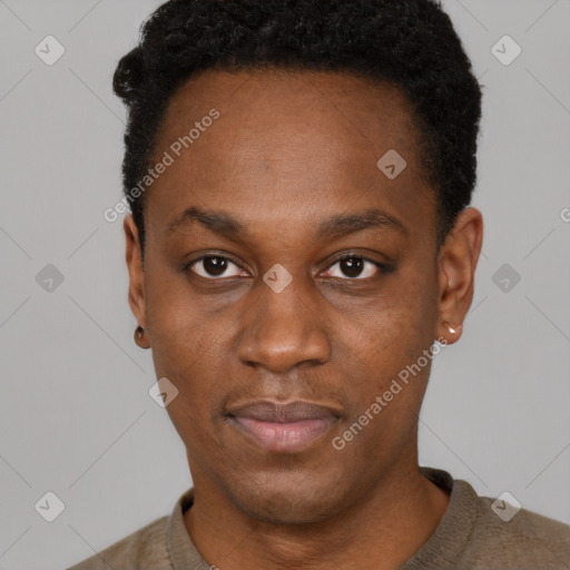 Neutral black young-adult male with short  black hair and brown eyes
