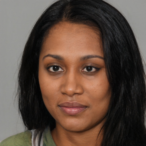 Joyful asian young-adult female with long  black hair and brown eyes
