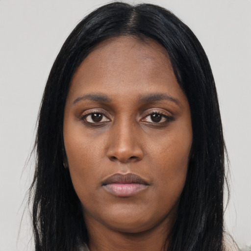 Neutral asian young-adult female with long  black hair and brown eyes