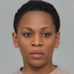 Neutral black young-adult female with short  brown hair and brown eyes