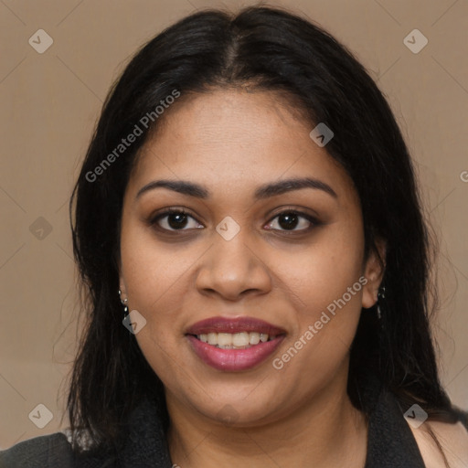 Joyful latino young-adult female with long  black hair and brown eyes