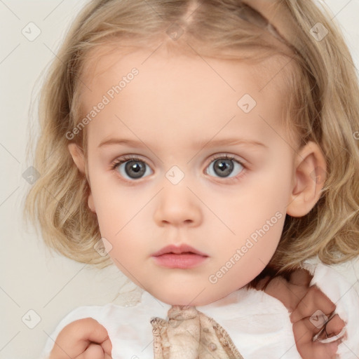 Neutral white child female with medium  brown hair and blue eyes