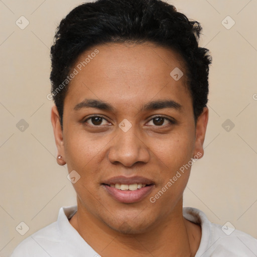 Joyful latino young-adult male with short  black hair and brown eyes