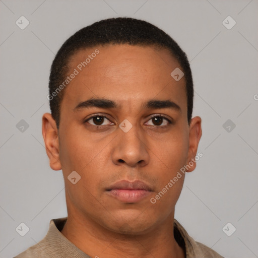 Neutral latino young-adult male with short  black hair and brown eyes