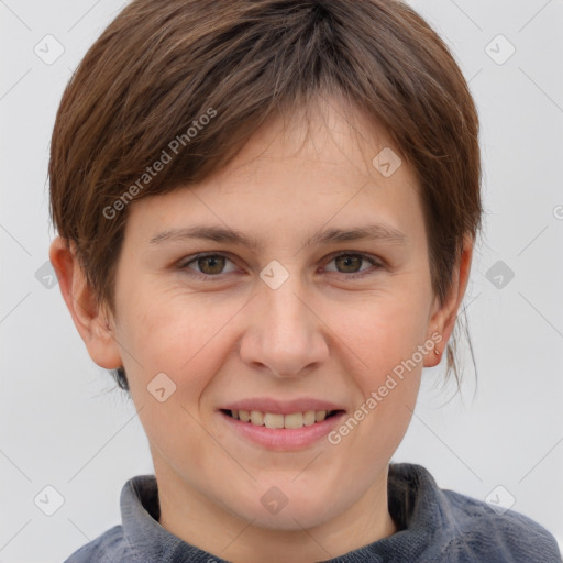 Joyful white young-adult female with short  brown hair and grey eyes