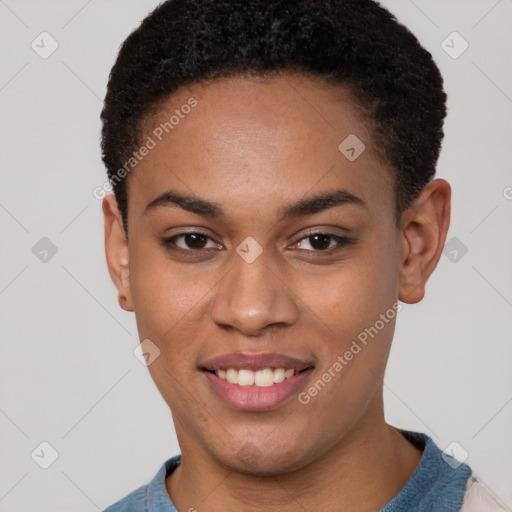 Joyful latino young-adult female with short  brown hair and brown eyes