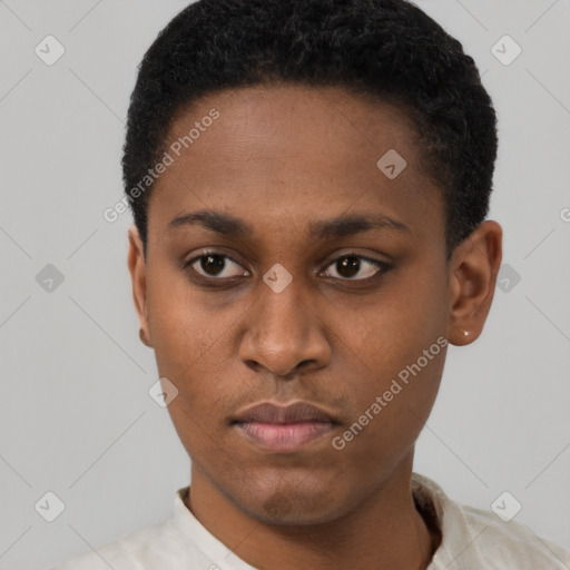 Neutral latino young-adult female with short  black hair and brown eyes