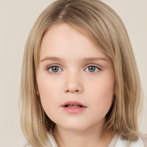 Neutral white child female with medium  brown hair and grey eyes