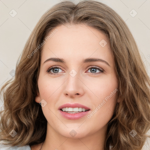 Joyful white young-adult female with long  brown hair and green eyes