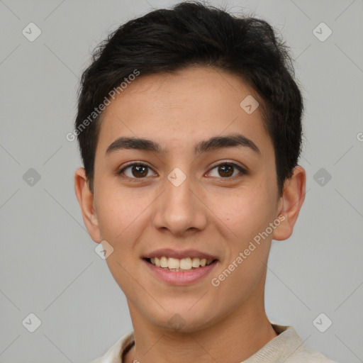 Joyful white young-adult female with short  brown hair and brown eyes