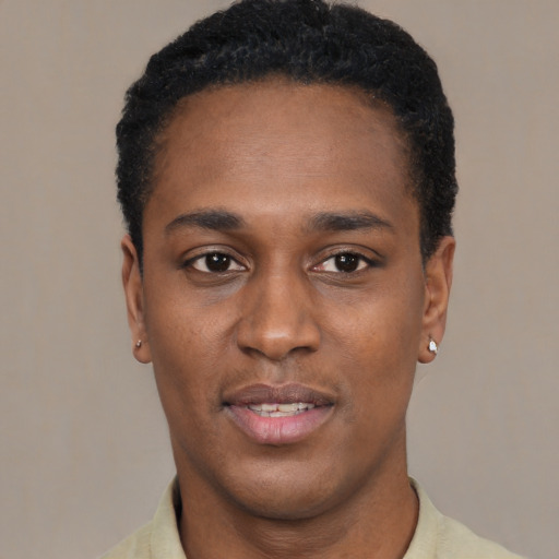 Neutral black young-adult male with short  black hair and brown eyes