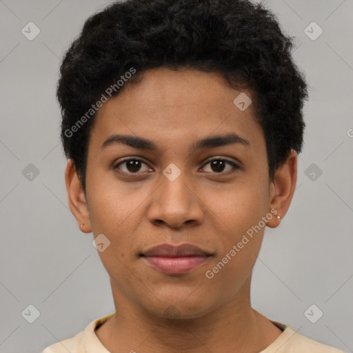 Joyful latino young-adult male with short  brown hair and brown eyes