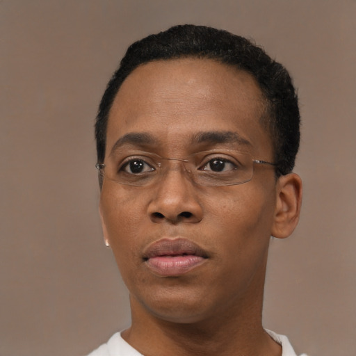 Neutral black young-adult male with short  black hair and brown eyes