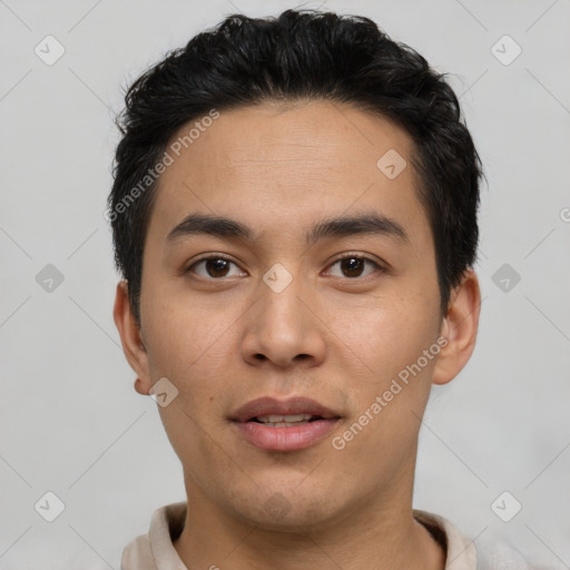 Neutral asian young-adult male with short  black hair and brown eyes