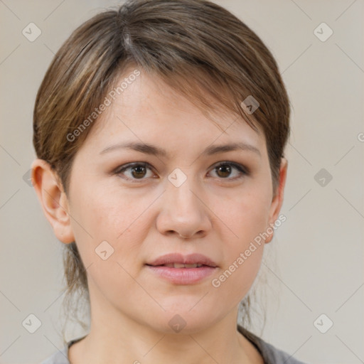 Joyful white young-adult female with medium  brown hair and brown eyes