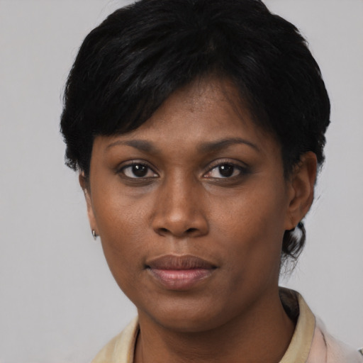 Neutral asian young-adult female with short  black hair and brown eyes