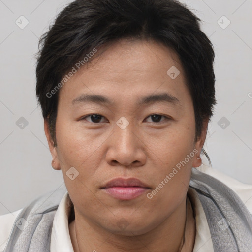 Joyful asian young-adult male with short  brown hair and brown eyes