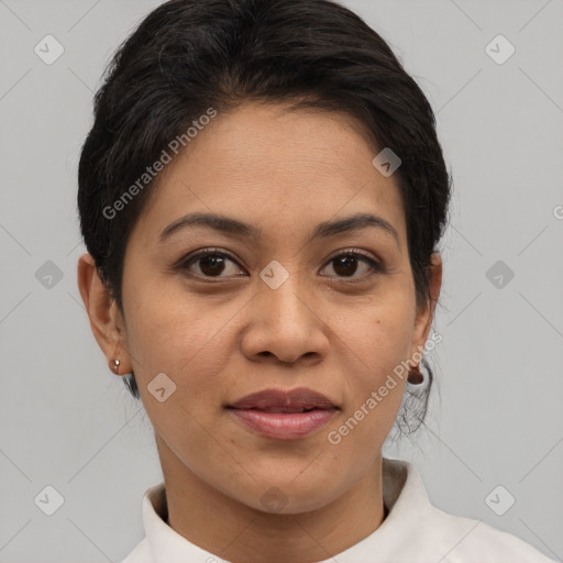 Joyful latino young-adult female with short  brown hair and brown eyes