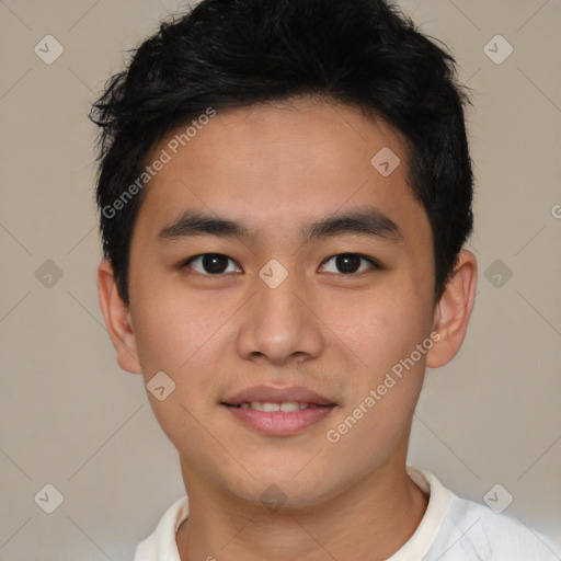 Joyful latino young-adult male with short  black hair and brown eyes