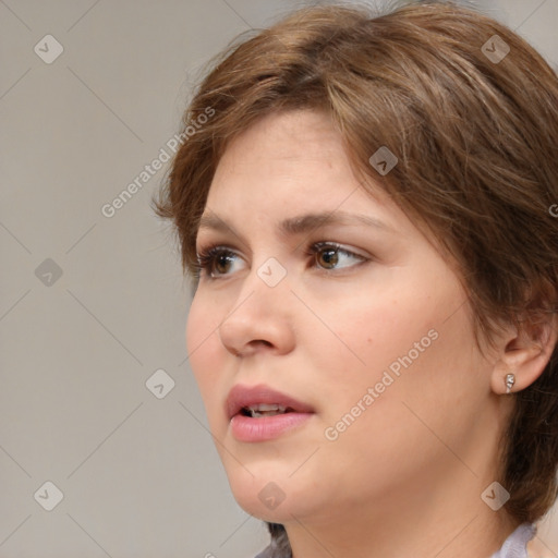 Neutral white young-adult female with medium  brown hair and brown eyes