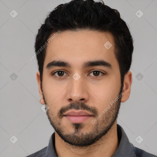 Neutral latino young-adult male with short  black hair and brown eyes