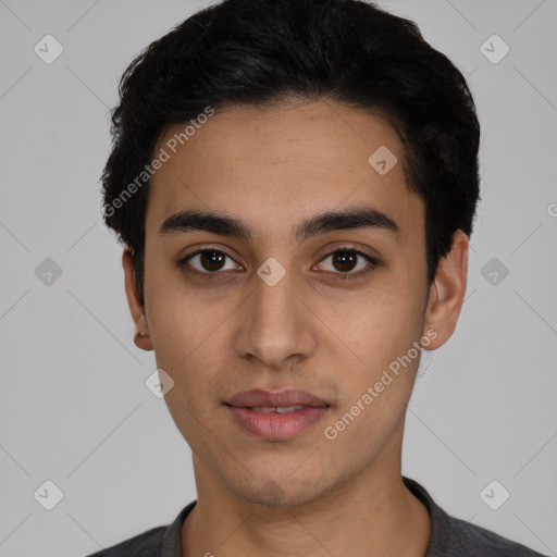 Neutral latino young-adult male with short  black hair and brown eyes