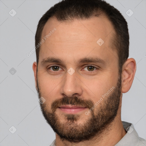 Neutral white young-adult male with short  brown hair and brown eyes