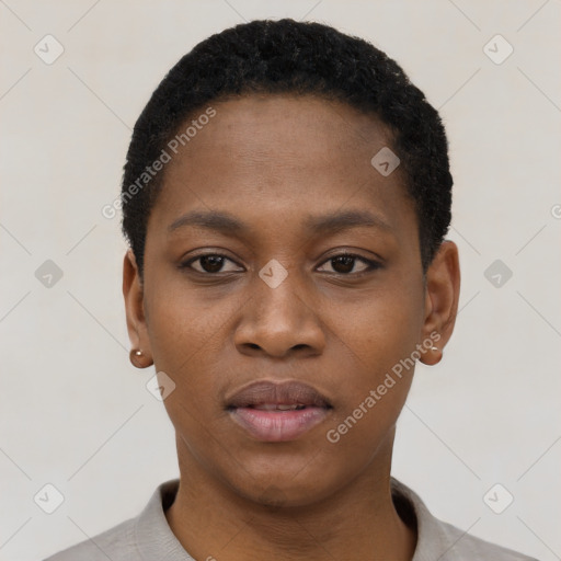 Neutral black young-adult female with short  black hair and brown eyes