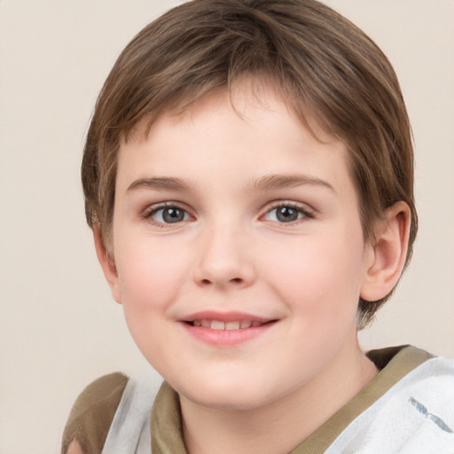 Joyful white child female with medium  brown hair and grey eyes