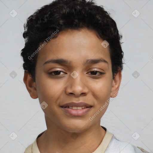 Joyful latino young-adult female with short  black hair and brown eyes