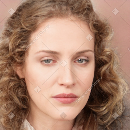 Joyful white young-adult female with medium  brown hair and green eyes