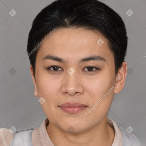 Joyful asian young-adult female with short  brown hair and brown eyes