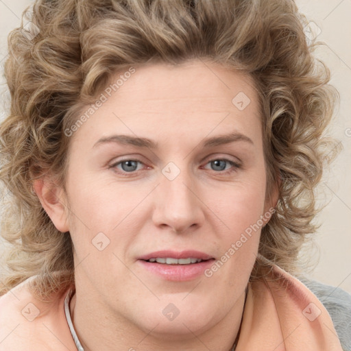 Joyful white young-adult female with long  brown hair and blue eyes