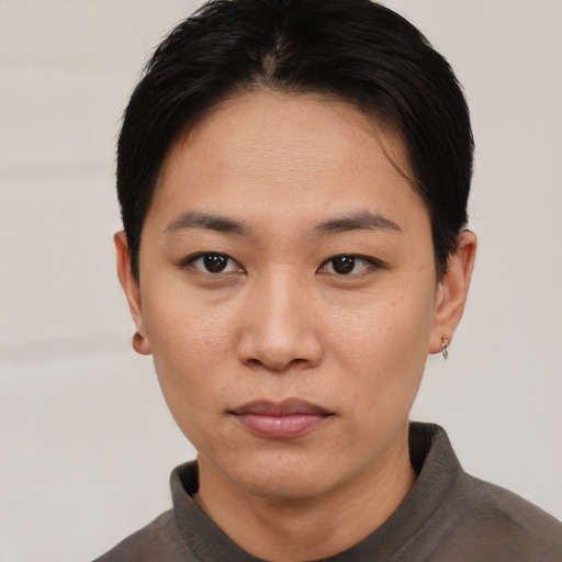 Neutral asian young-adult female with short  brown hair and brown eyes